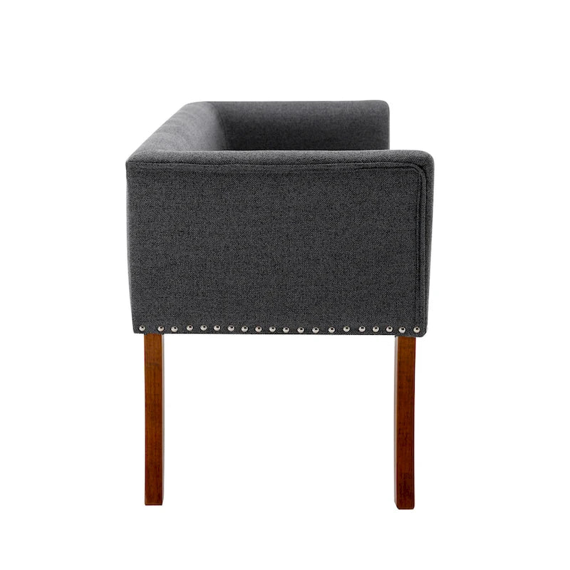 Banc rembourré en tissu avec garniture cloutée et pieds évasés en bois d'hévéa
