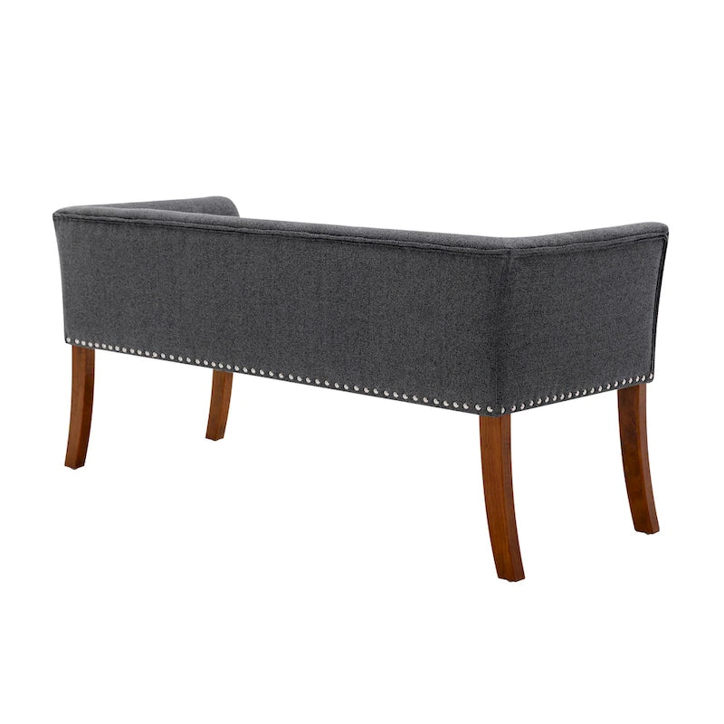 Banc rembourré en tissu avec garniture cloutée et pieds évasés en bois d'hévéa