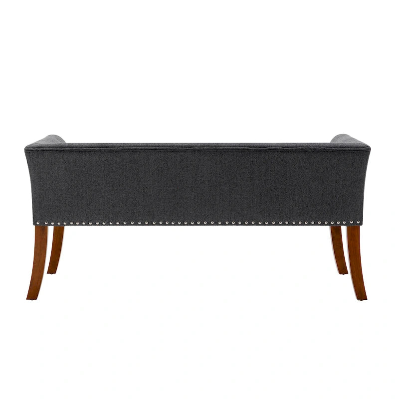 Banc rembourré en tissu avec garniture cloutée et pieds évasés en bois d'hévéa