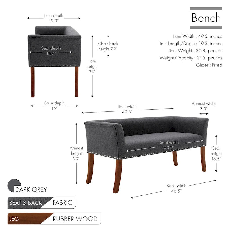 Banc rembourré en tissu avec garniture cloutée et pieds évasés en bois d'hévéa