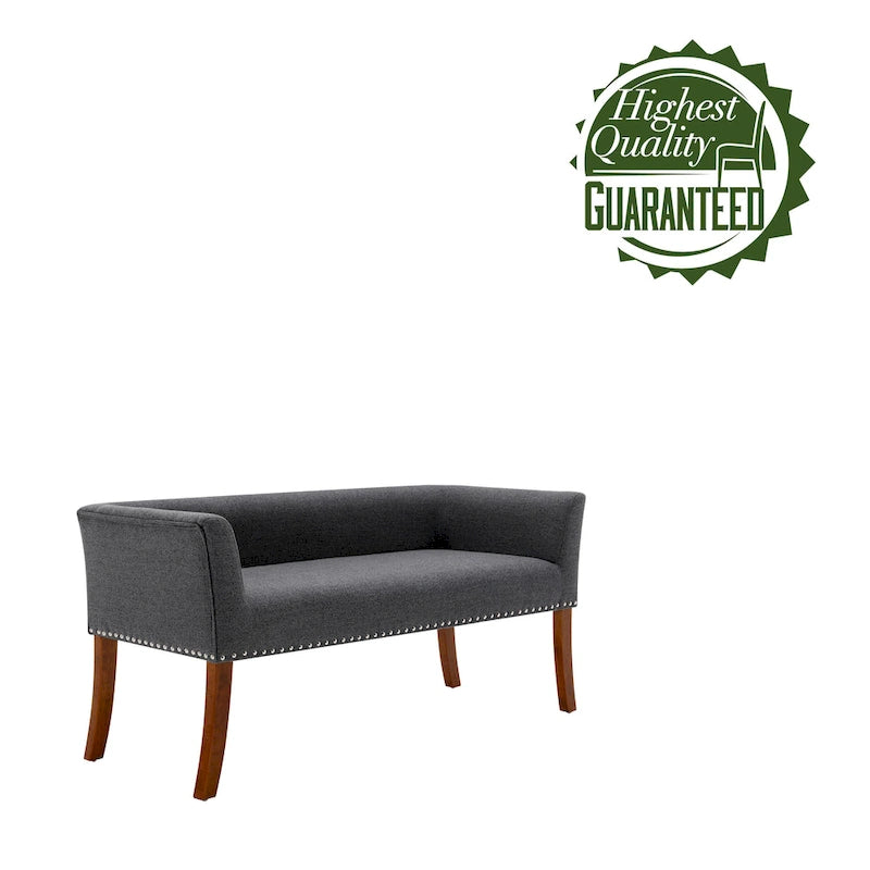 Banc rembourré en tissu avec garniture cloutée et pieds évasés en bois d'hévéa