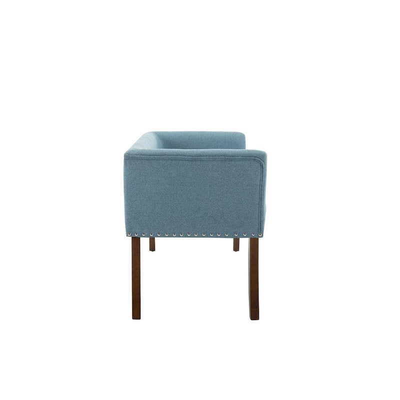 Banc rembourré en tissu avec garniture cloutée et pieds évasés en bois d'hévéa