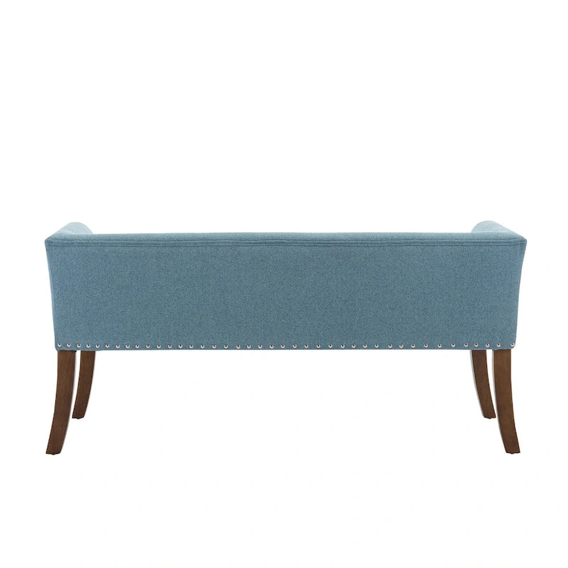 Banc rembourré en tissu avec garniture cloutée et pieds évasés en bois d'hévéa