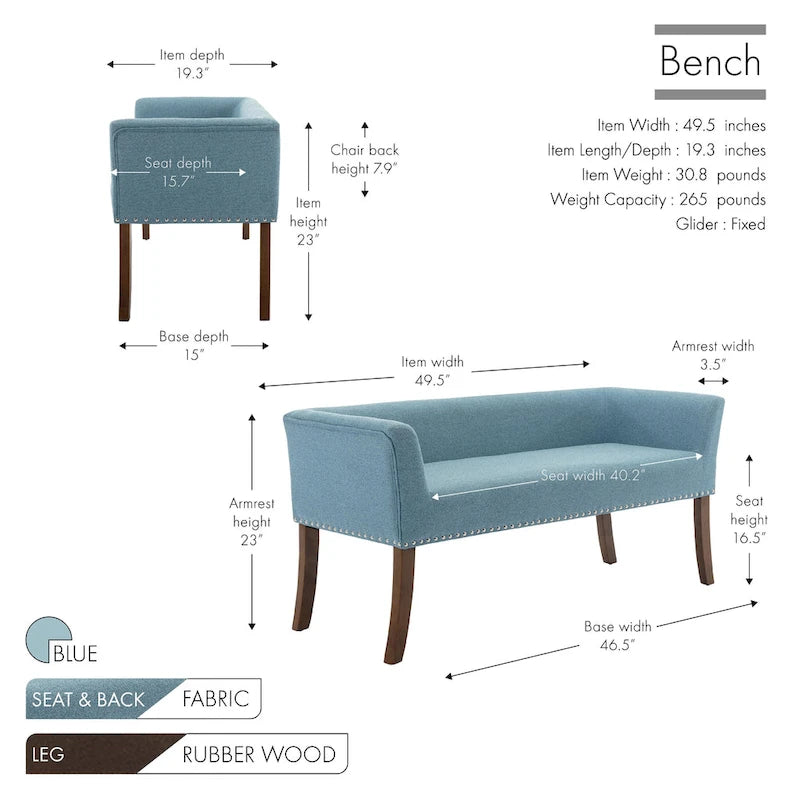 Banc rembourré en tissu avec garniture cloutée et pieds évasés en bois d'hévéa