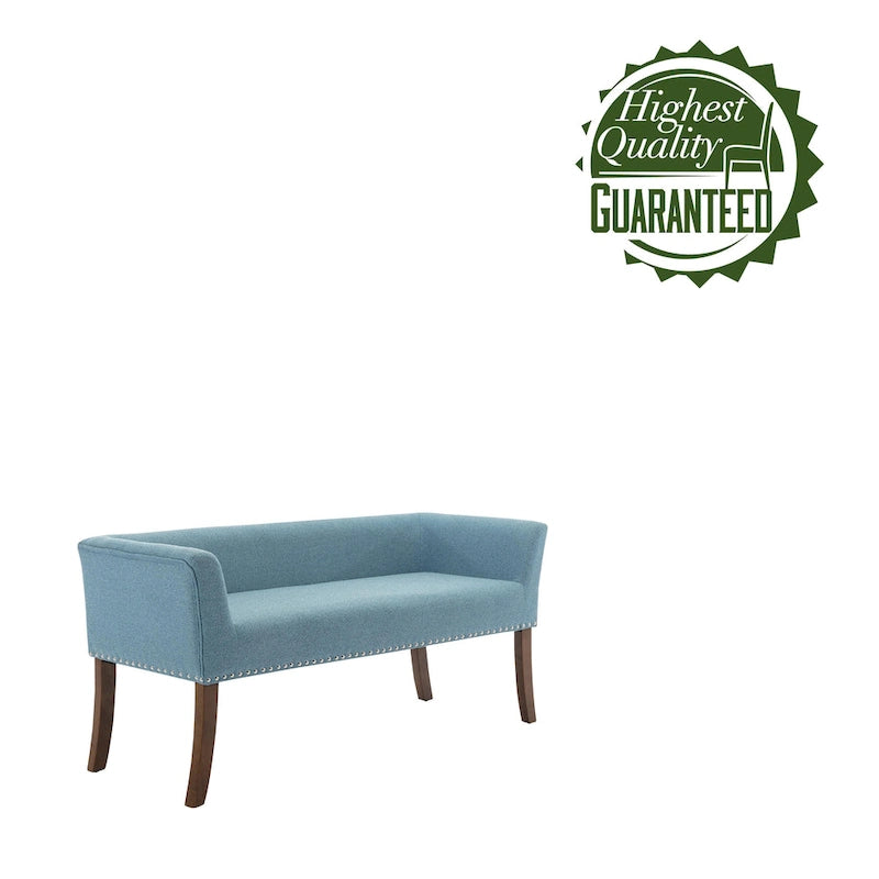 Banc rembourré en tissu avec garniture cloutée et pieds évasés en bois d'hévéa