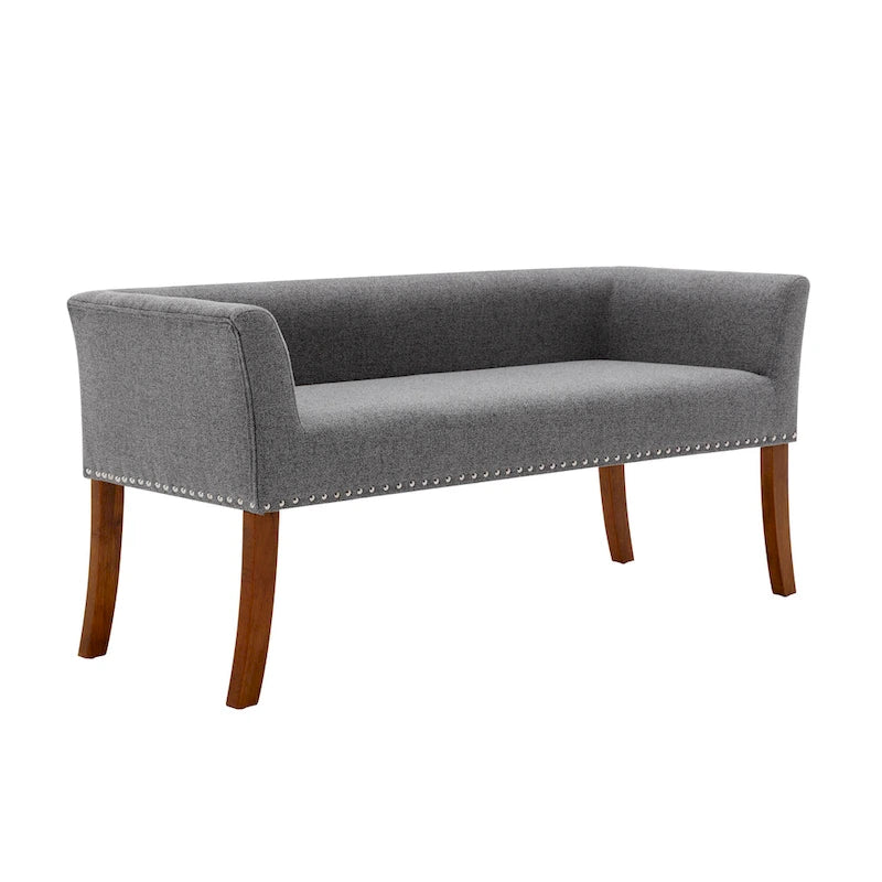 Banc rembourré en tissu avec garniture cloutée et pieds évasés en bois d'hévéa