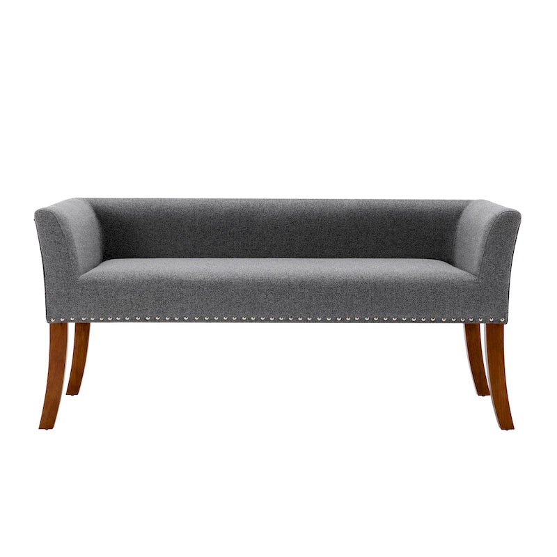 Banc rembourré en tissu avec garniture cloutée et pieds évasés en bois d'hévéa