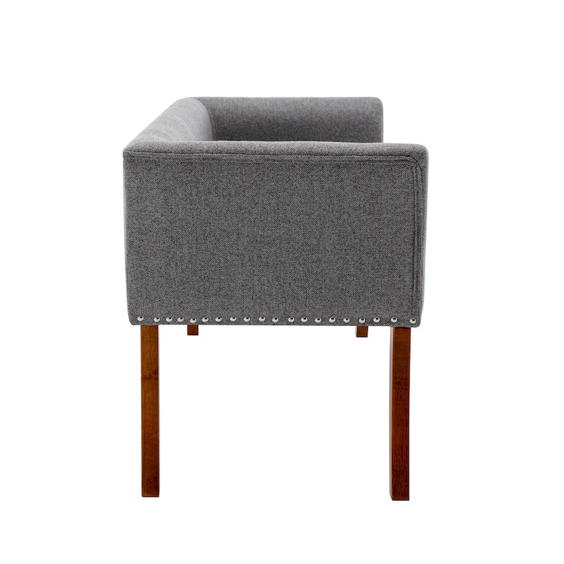 Banc rembourré en tissu avec garniture cloutée et pieds évasés en bois d'hévéa