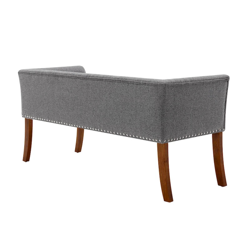 Banc rembourré en tissu avec garniture cloutée et pieds évasés en bois d'hévéa