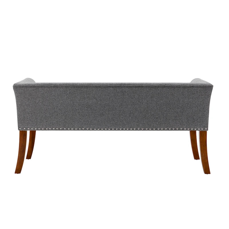 Banc rembourré en tissu avec garniture cloutée et pieds évasés en bois d'hévéa