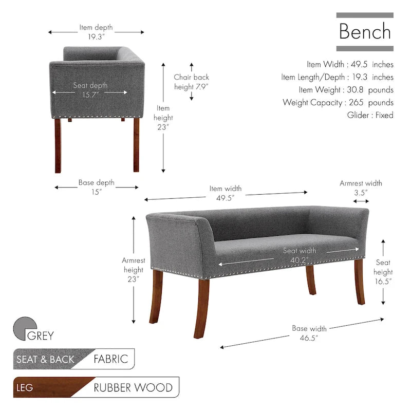 Banc rembourré en tissu avec garniture cloutée et pieds évasés en bois d'hévéa