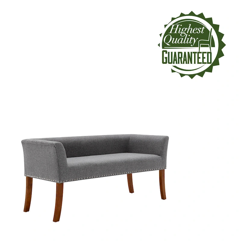 Banc rembourré en tissu avec garniture cloutée et pieds évasés en bois d'hévéa