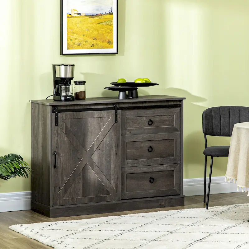 Meuble de bar à café de style rustique avec porte coulissante de grange et 3 tiroirs — Gris foncé