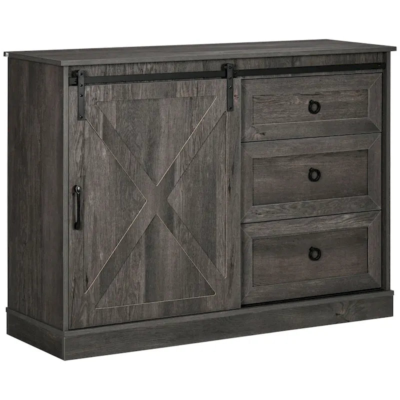 Meuble de bar à café de style rustique avec porte coulissante de grange et 3 tiroirs — Gris foncé