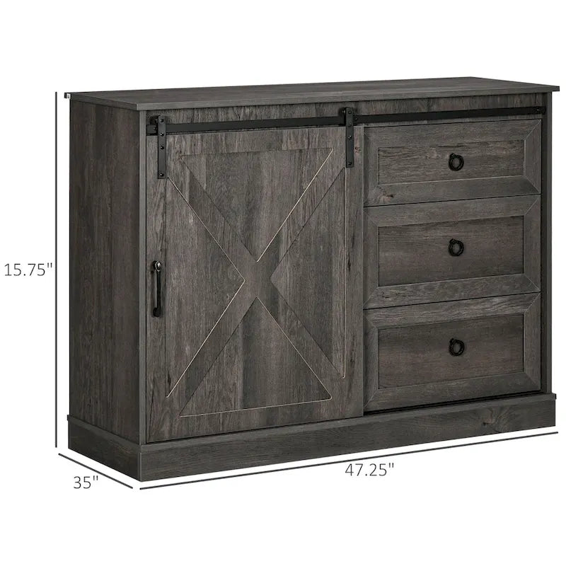 Meuble de bar à café de style rustique avec porte coulissante de grange et 3 tiroirs — Gris foncé
