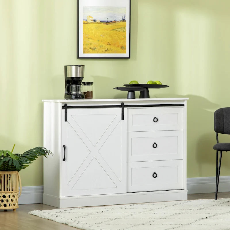 Meuble de bar à café de style rustique avec porte coulissante de grange et 3 tiroirs — Gris foncé