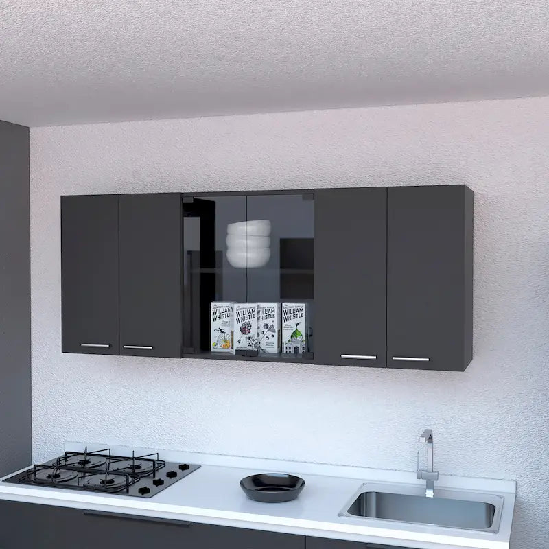 Meuble mural avec 2 portes pleines et 1 porte vitrée en wengé noir — Certifié CARB