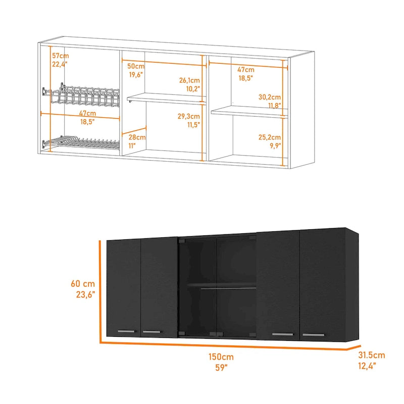 Meuble mural avec 2 portes pleines et 1 porte vitrée en wengé noir — Certifié CARB