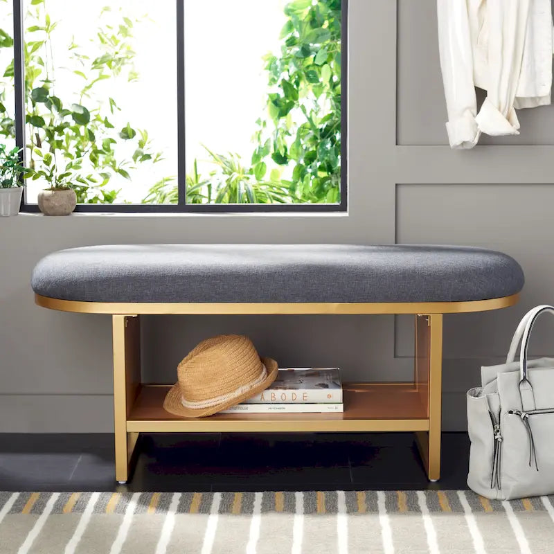 Banc d'entrée à étagère ouverte avec assise rembourrée et base en bois — 107 cm (L) × 38 cm (P) × 46 cm (H)