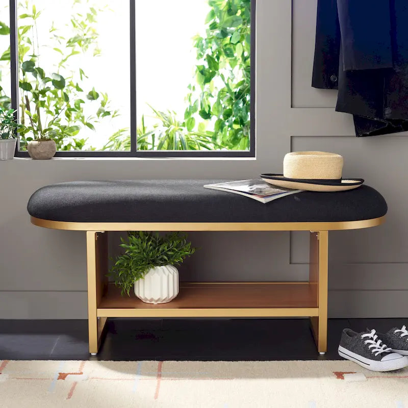 Banc d'entrée à étagère ouverte avec assise rembourrée et base en bois — 107 cm (L) × 38 cm (P) × 46 cm (H)