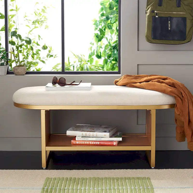 Banc d'entrée à étagère ouverte avec assise rembourrée et base en bois — 107 cm (L) × 38 cm (P) × 46 cm (H)