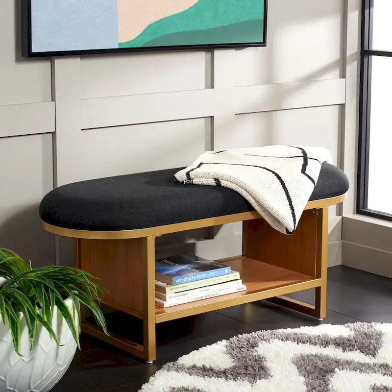 Banc d'entrée à étagère ouverte avec assise rembourrée et base en bois — 107 cm (L) × 38 cm (P) × 46 cm (H)