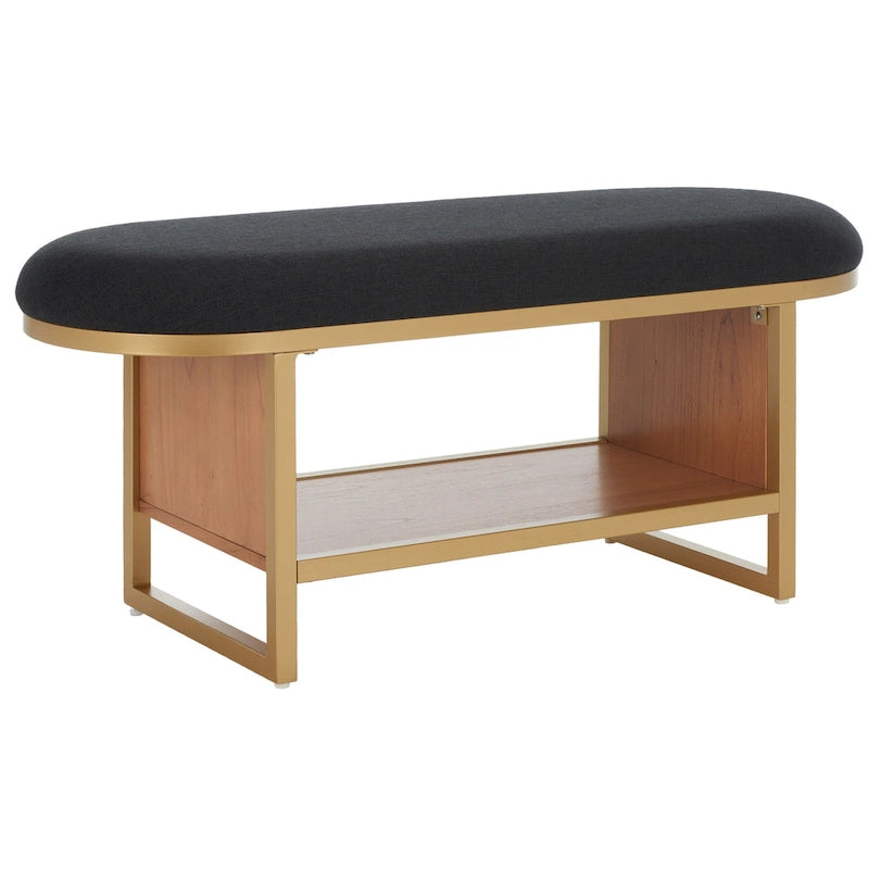 Banc d'entrée à étagère ouverte avec assise rembourrée et base en bois — 107 cm (L) × 38 cm (P) × 46 cm (H)