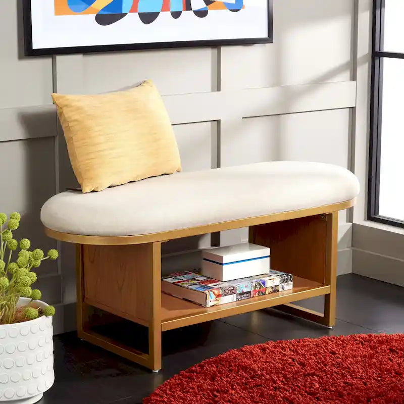 Banc d'entrée à étagère ouverte avec assise rembourrée et base en bois — 107 cm (L) × 38 cm (P) × 46 cm (H)