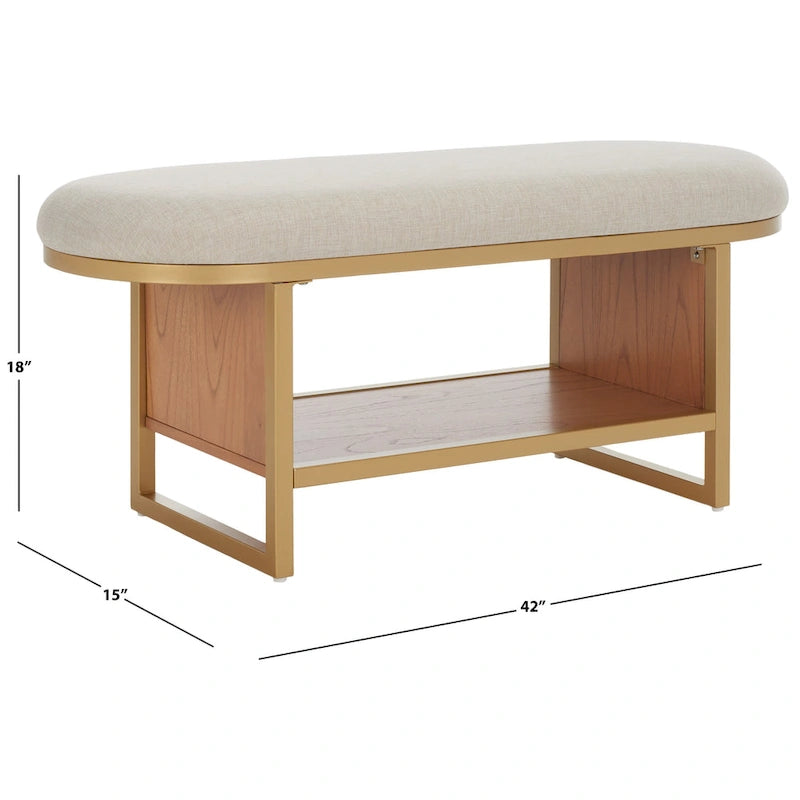 Banc d'entrée à étagère ouverte avec assise rembourrée et base en bois — 107 cm (L) × 38 cm (P) × 46 cm (H)