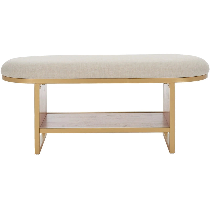 Banc d'entrée à étagère ouverte avec assise rembourrée et base en bois — 107 cm (L) × 38 cm (P) × 46 cm (H)