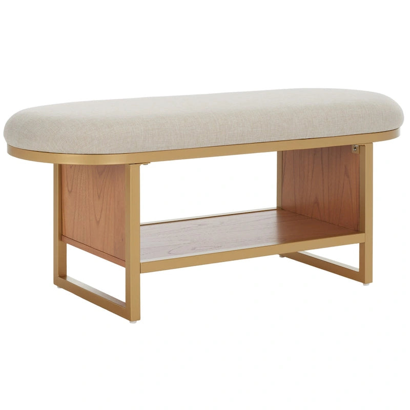 Banc d'entrée à étagère ouverte avec assise rembourrée et base en bois — 107 cm (L) × 38 cm (P) × 46 cm (H)