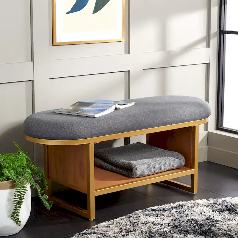 Banc d'entrée à étagère ouverte avec assise rembourrée et base en bois — 107 cm (L) × 38 cm (P) × 46 cm (H)