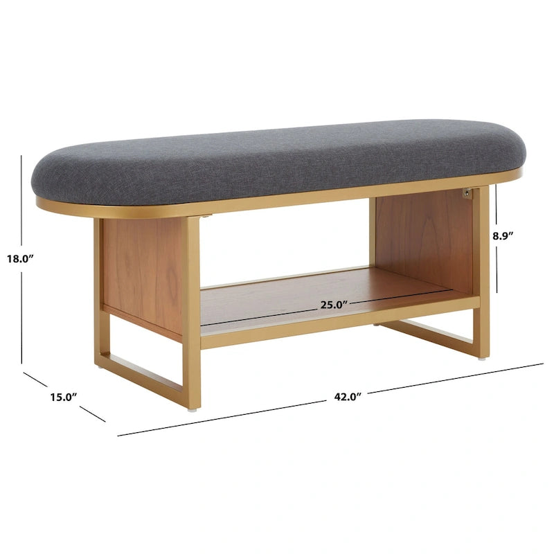 Banc d'entrée à étagère ouverte avec assise rembourrée et base en bois — 107 cm (L) × 38 cm (P) × 46 cm (H)