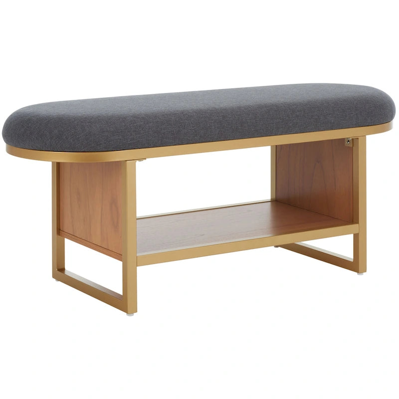 Banc d'entrée à étagère ouverte avec assise rembourrée et base en bois — 107 cm (L) × 38 cm (P) × 46 cm (H)