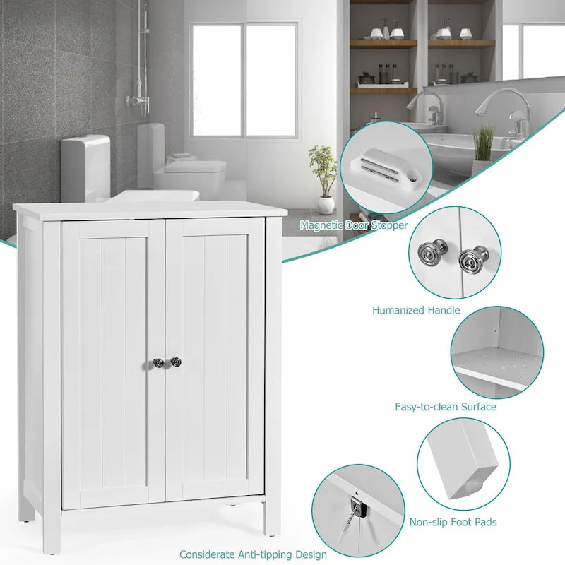 Meuble de salle de bain en bois sur pied avec deux portes et étagère réglable