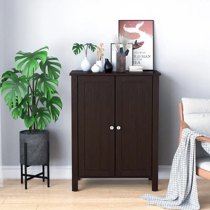 Meuble de salle de bain en bois sur pied avec deux portes et étagère réglable