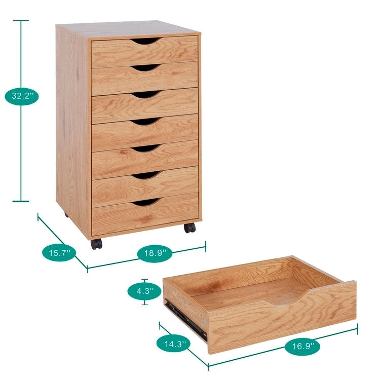 Meuble de classement mobile en bois à 7 tiroirs avec roulettes fluides