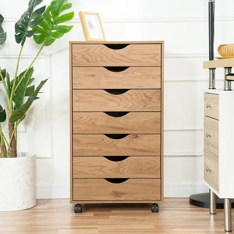 Meuble de classement mobile en bois à 7 tiroirs avec roulettes fluides