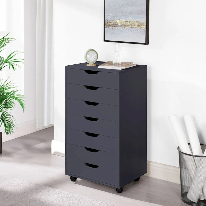 Meuble de classement mobile en bois à 7 tiroirs avec roulettes fluides
