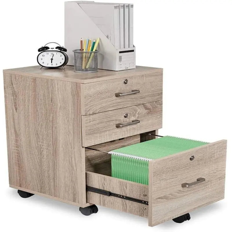 Meuble de classement en bois à roulettes avec 3 tiroirs, serrure et poignées en nickel brossé