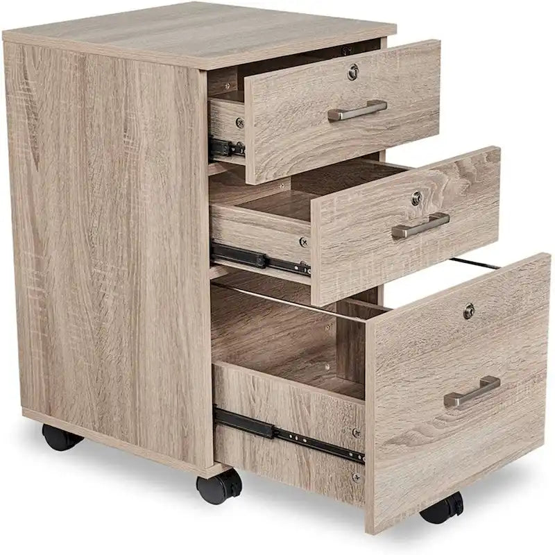 Meuble de classement en bois à roulettes avec 3 tiroirs, serrure et poignées en nickel brossé