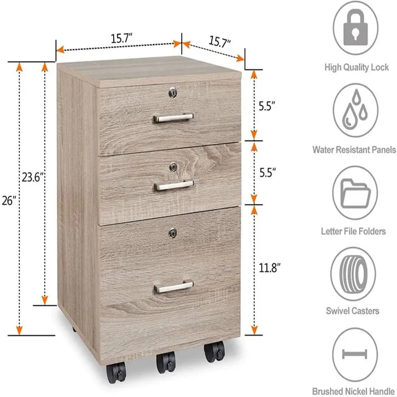 Meuble de classement en bois à roulettes avec 3 tiroirs, serrure et poignées en nickel brossé