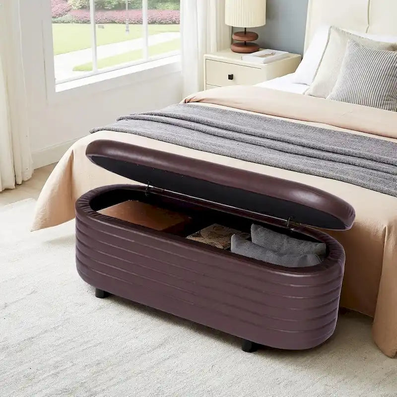 Banc de rangement en cuir PU avec pieds en bois massif pour chambre et salon