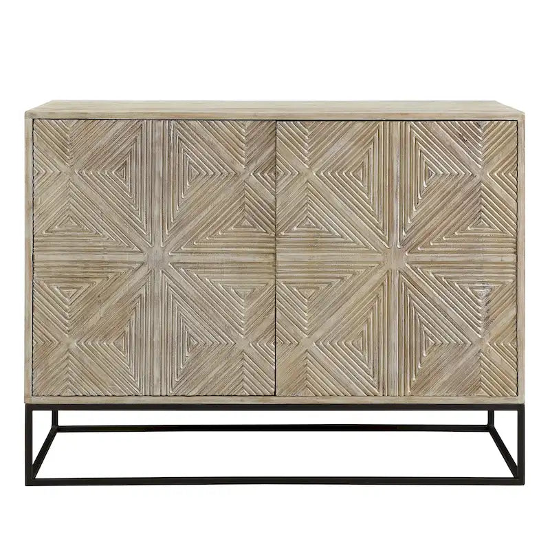 Buffet de 42 po en bois de manguier massif sculpté à la main avec 4 portes et base en fer noir