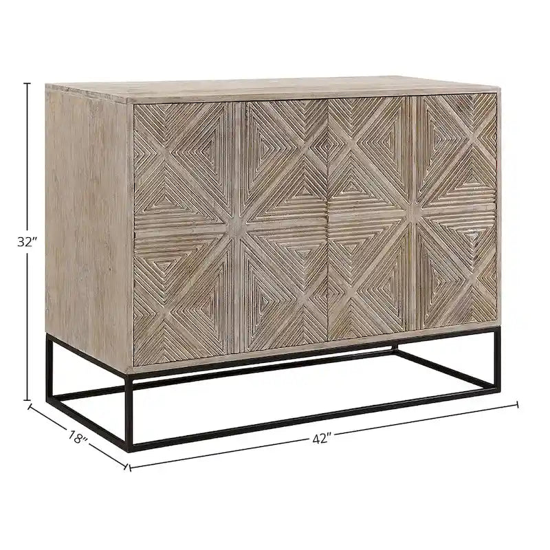 Buffet de 42 po en bois de manguier massif sculpté à la main avec 4 portes et base en fer noir