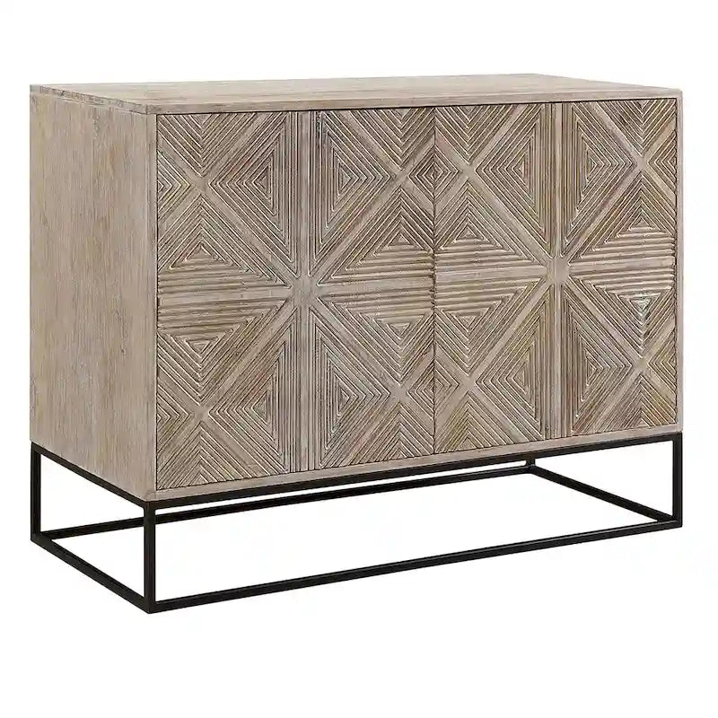 Buffet de 42 po en bois de manguier massif sculpté à la main avec 4 portes et base en fer noir