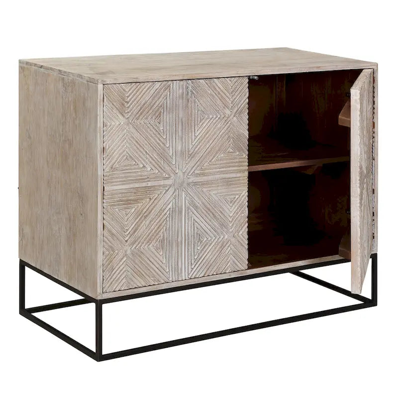 Buffet de 42 po en bois de manguier massif sculpté à la main avec 4 portes et base en fer noir