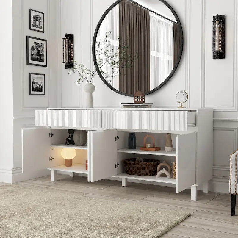Buffet/Armoire de Sol Blanche de 160 cm avec 4 Portes, 2 Tiroirs et Étagères Réglables