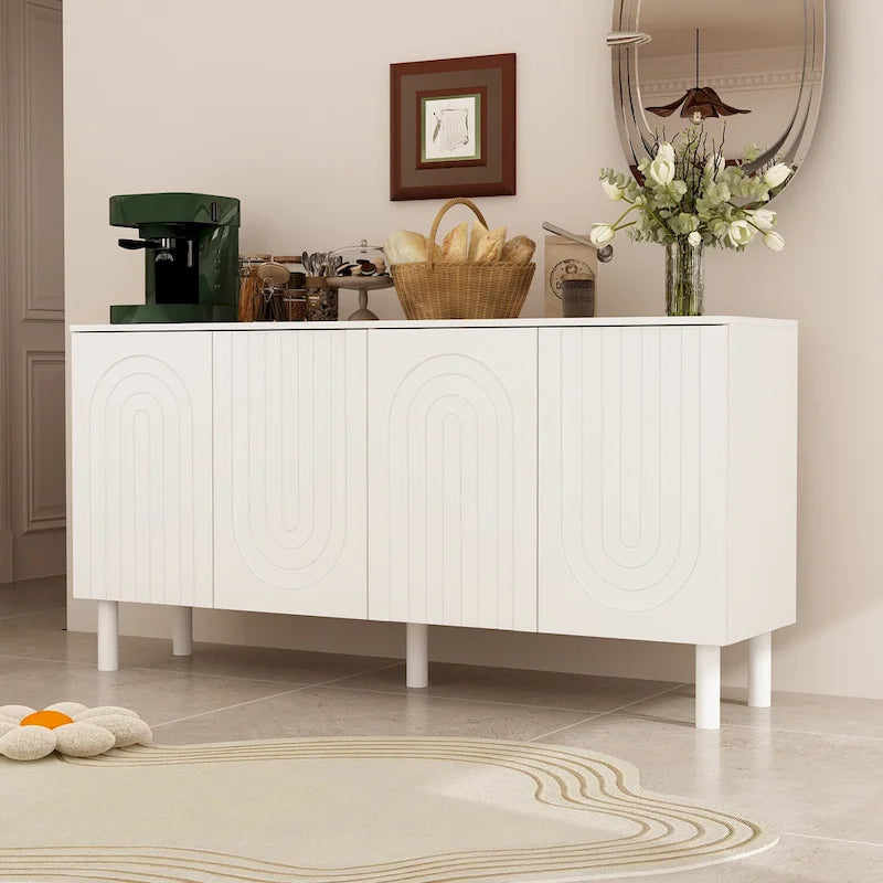 Buffet en MDF blanc de 160,5 cm avec 5 pieds en pin et portes sans poignées à ouverture par pression