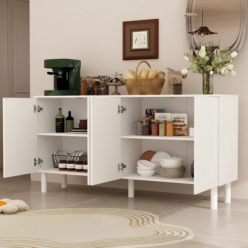 Buffet en MDF blanc de 160,5 cm avec 5 pieds en pin et portes sans poignées à ouverture par pression